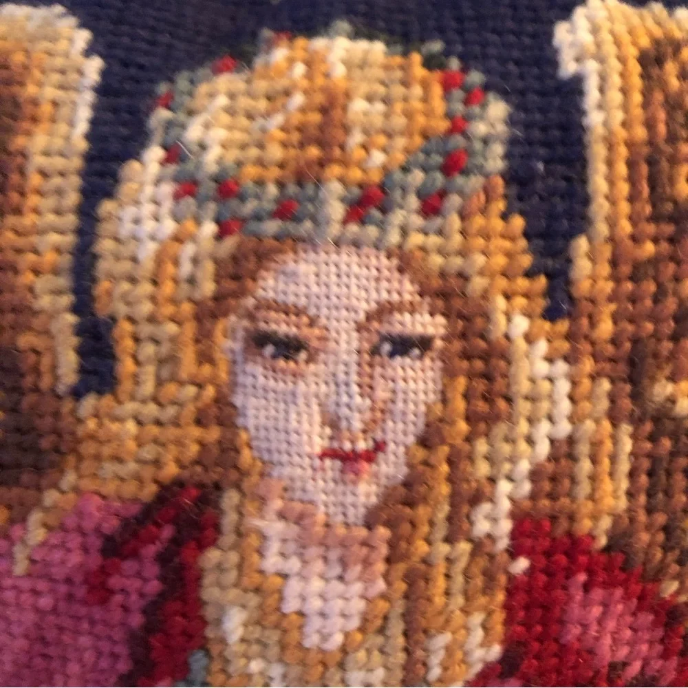 Needlepoint Holiday Christmas Angel Guitar Pillow 9” Square Blue Red Velvet Vtg